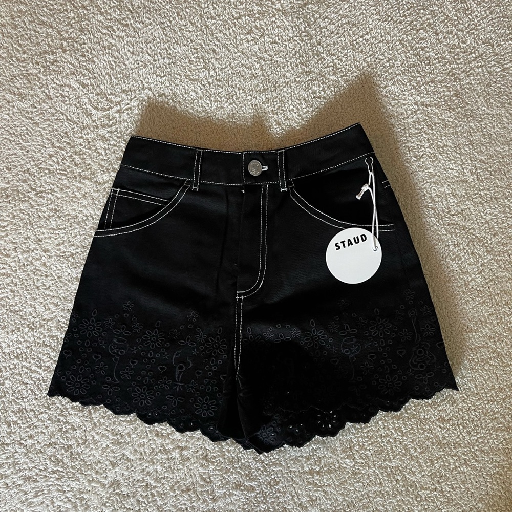 STAUD Noemie Embroidered Scallop Denim Shorts